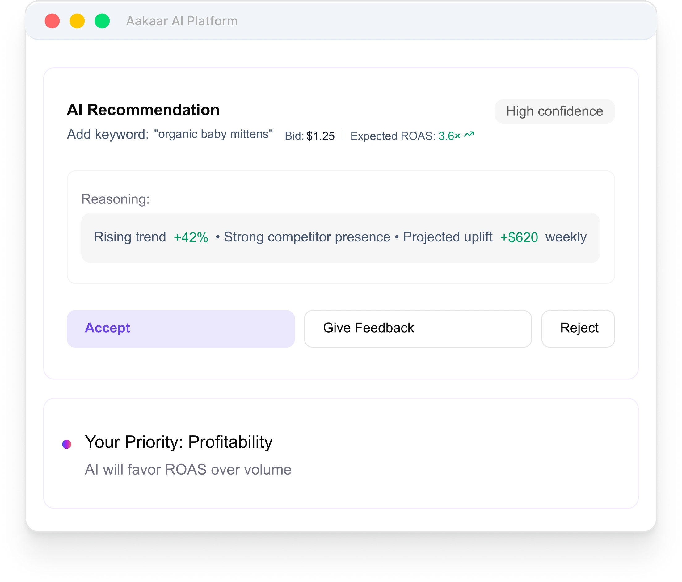 An AI recommendation with its reasoning, confidence and accept, feedback or reject controls